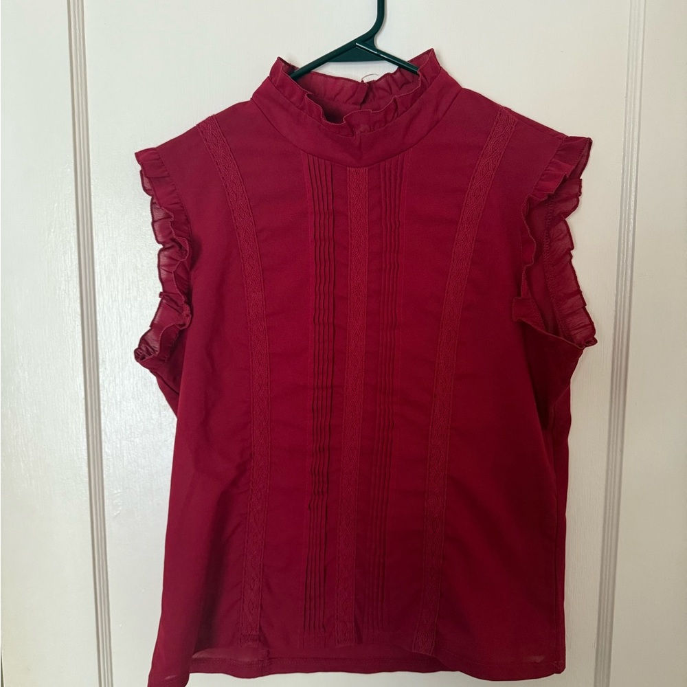 Elegant Red High-Neck Ruffle Blouse